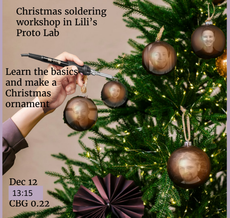 An edited image of a person  decordating a christmas tree with some details about the event which are also under the heading "Workshop Details".
The image is edited so that the person decorating the tree is holding a soldering iron and the ornaments have the faces of the lab members on them. 